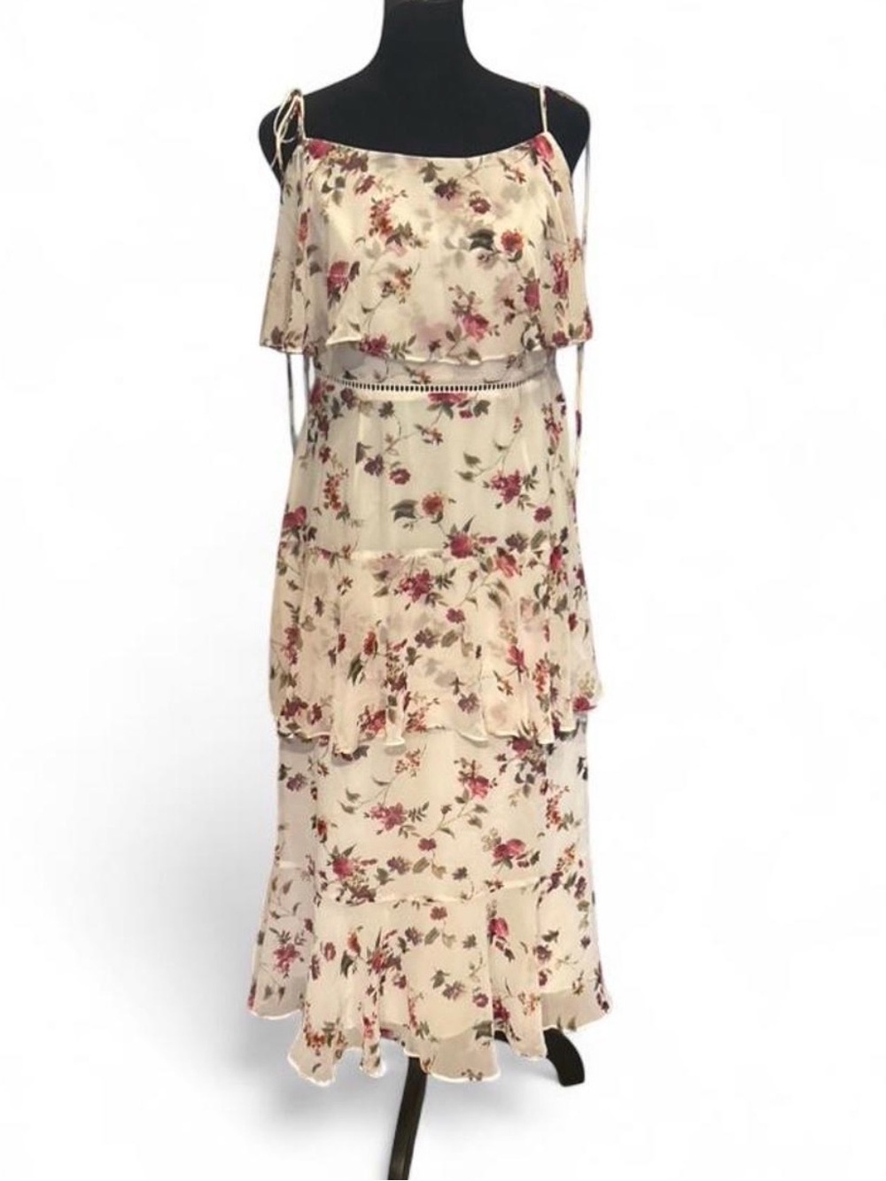 WAYF Ivory Multicolor Floral Chiffon Cold Shoulder Maxi Dress Zip M
